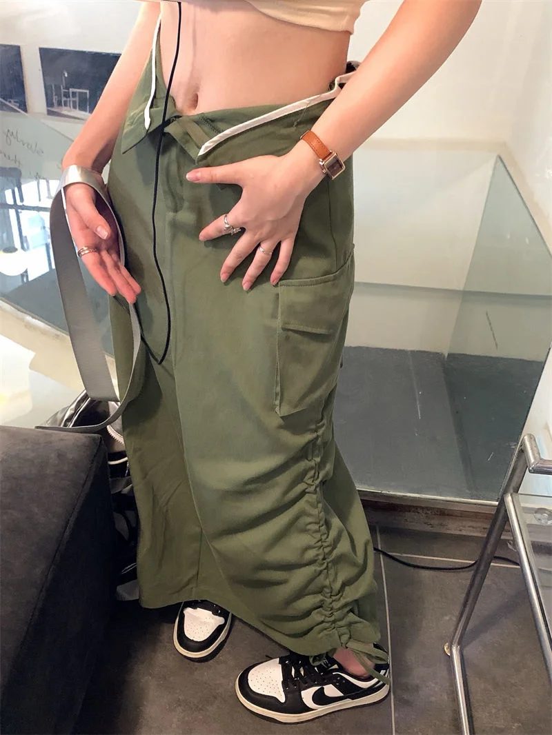 

Pocket Stitched Vintage Drawstring Cargo Maxi Skirt