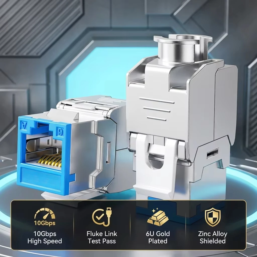 Фото Разъем RJ45 Mindpure Cat6A Keystone, из цинкового сплава, 10 Гбит/с, STP, экранированный, без инструментов, с позолоченными контактами 6U №1