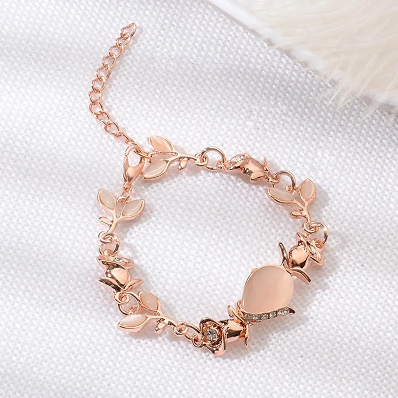 

New Korean Creative Hand Ornaments Women Opal Chain Link Bracelet For Women Trend Dazzling Opal Leaves Rose sweet Bracelet Gift