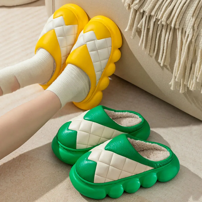 

Домашние водонепроницаемые Шлепанцы из искусственной кожи на платформе, женские зимние теплые шлепанцы смешанных цветов, плюшевая уличная...