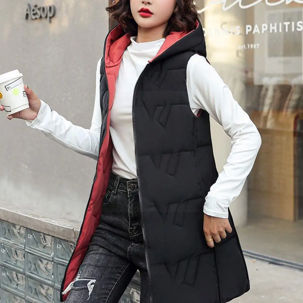 

Autumn Winter Vest For Women Mid-length Double Side Wear Down Cotton Vest Coat Color Zipper Hooded Casual Waistcoat J M6K0