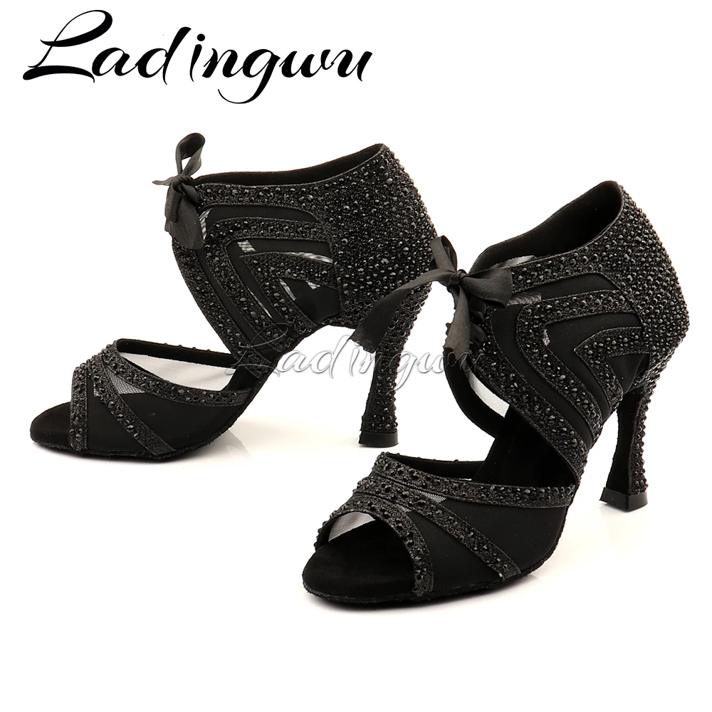 Ladingwu Dance Shoes Women Latin Glitter and Mesh Ballroom Dance Boots for Girls Salsa Dance Shoes Rhinestone Blue Red Black