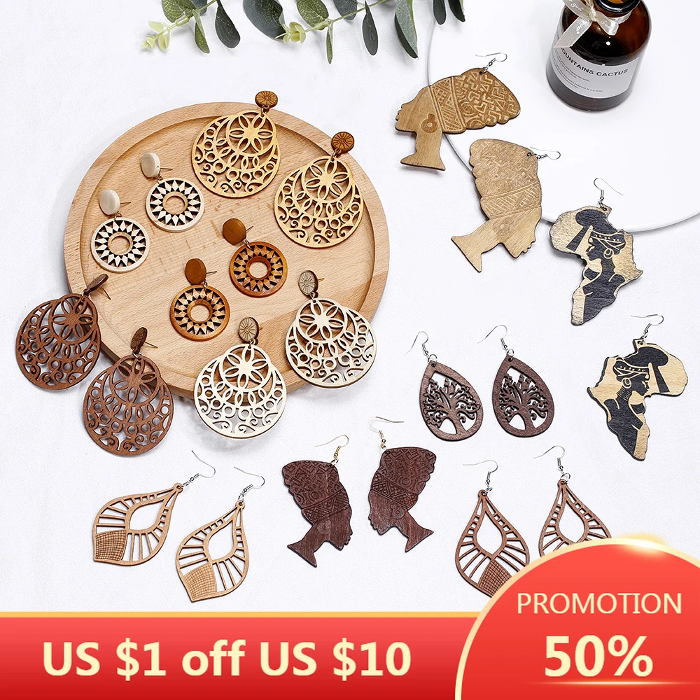 Женские круглые серьги SOHOT, из натурального дерева, с вырезанными гиперболами