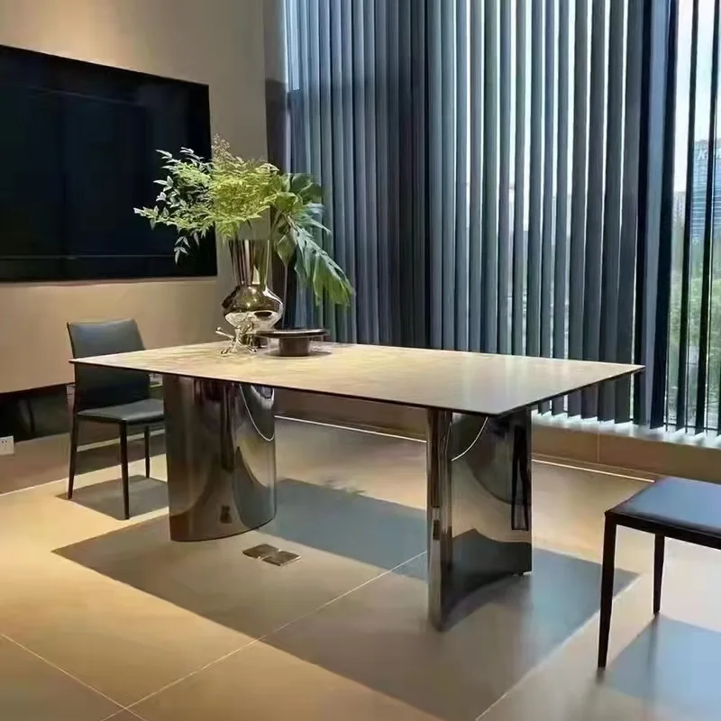 

Rock Slab Dining Table Simple Modern Light Luxury Rectangular Small Apartment Creative Stainless Steel
