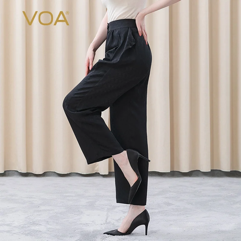 

(Clearance Sale)VOA Real Silk Black Jacquard Elastic Waist One-Button Pleated Irregular Fashion Harem Pants Trousers Women K1317