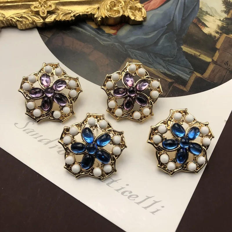 

European and American vintage court style colorful Rhinestone versatile elegant temperament flower earrings