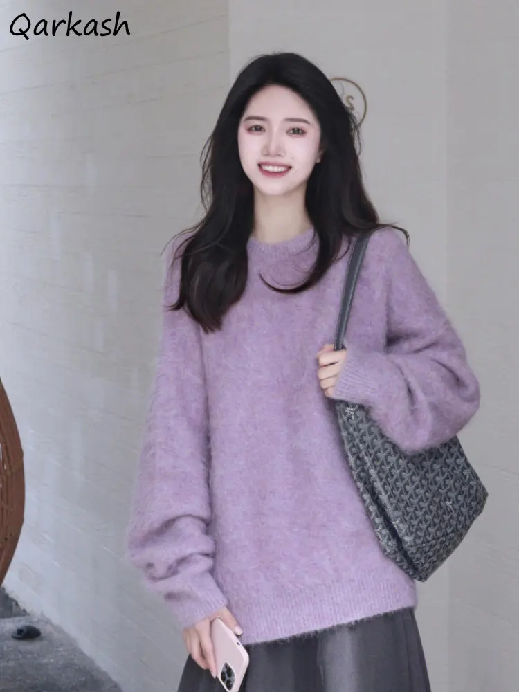 

Пуловер женский вязаный пушистый, элегантный нежный свободный фиолетовый свитер в стиле Харадзюку, универсальный, для отдыха, зима