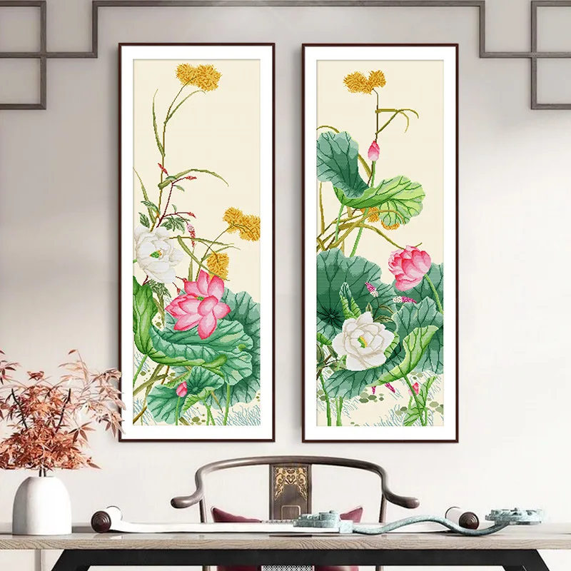 Рукоделие, вышивка крестиком, Набор для вышивки крестиком в виде цветов лотоса с национальным принтом, Набор для вышивки крестиком, украшение для дома 50x124 см