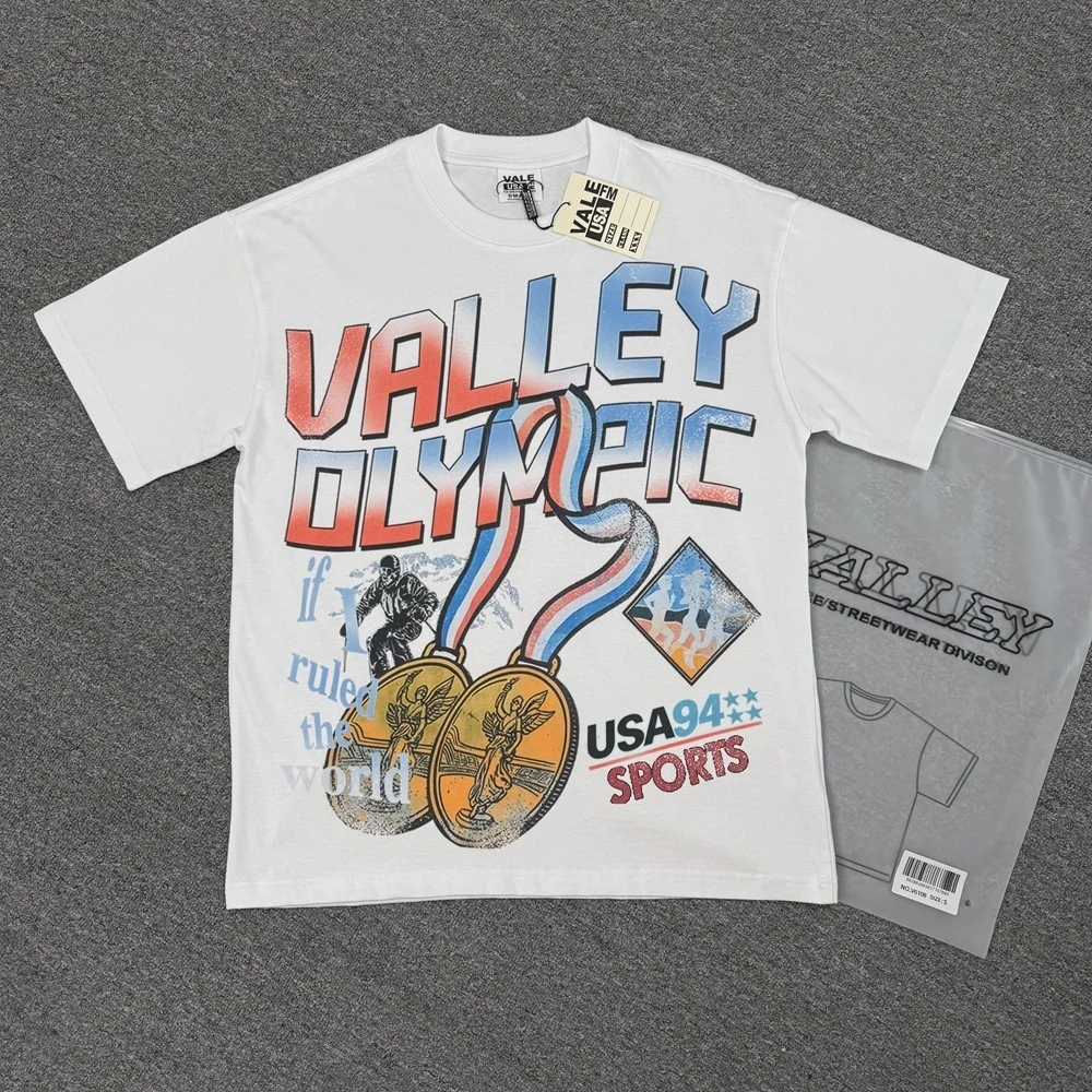 Фото Мужская футболка VALLEY с прямым принтом, в ретро-стиле, свободного кроя, 100% хлопок, с коротким рукавом, высококачественная версия. №2