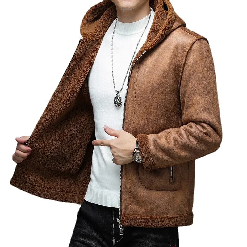 Suede men's winter jackets that can be worn on both sides / fleece warmth faux leather jacket / hooded casual men's PU coat