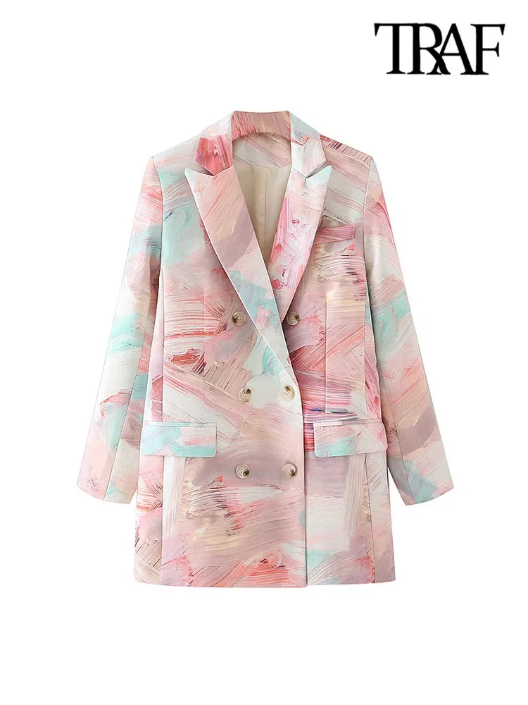 

TRAF Women Fashion Double Breasted Graffiti Print Blazers Coat Vintage Long Sleeve Pockets Female Outerwear Chic Tops