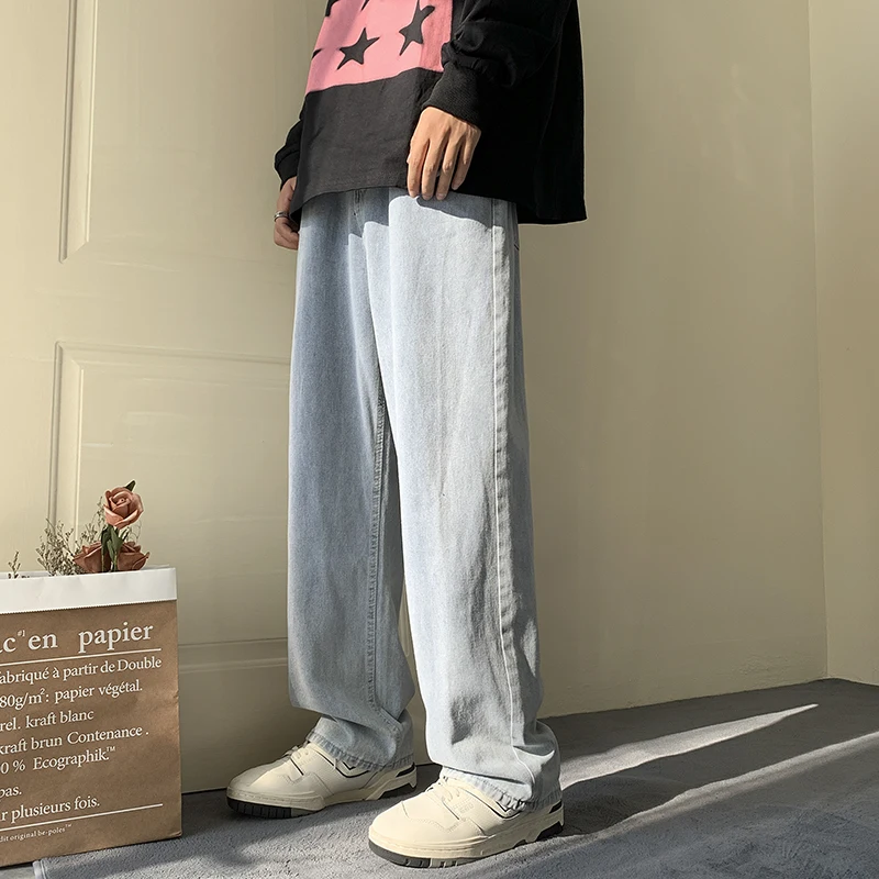 Four Seasons American High Street Jeans Men Trend Simple Versatile Loose Wide Legs Casual Straight Trousers Street Men Clothing