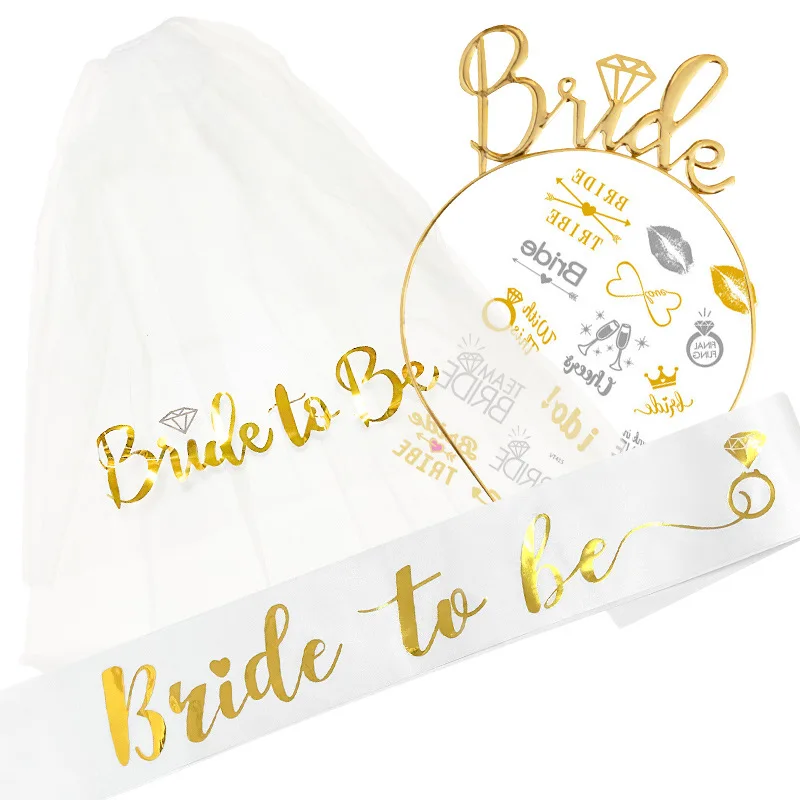 

4pcs Bride To Be Veil Set Wedding Decorations Wedding Shoulder Strap Tattoo Stickers Bridal Shower Party Decor for Bride