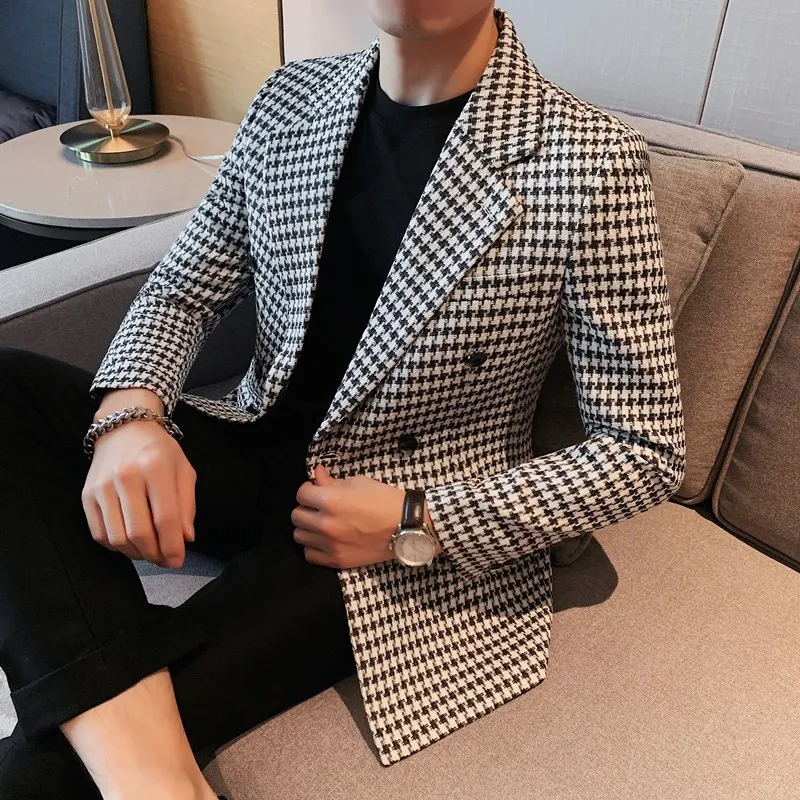 

2023 New Houndstooth Double Breasted Men Blazers Casual Suit Jacket Wedding Business Dress Coat Streetwear Social Costume Homme