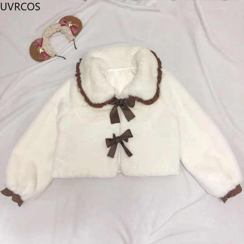 

Japanese Sweet Lolita Style Cropped Jackets Women Kawaii Peter Pan Collar Bow Overcoat All Match Y2k Soft Plush Winter Outerwear