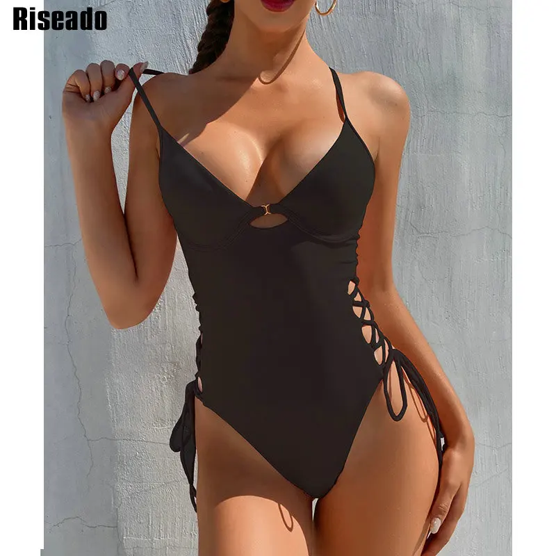 

Riseado, сексуальный цельный купальник на шнуровке, новинка 2022, купальник для женщин, пуш-ап, боди, однотонный купальный костюм, женская пляжная ...