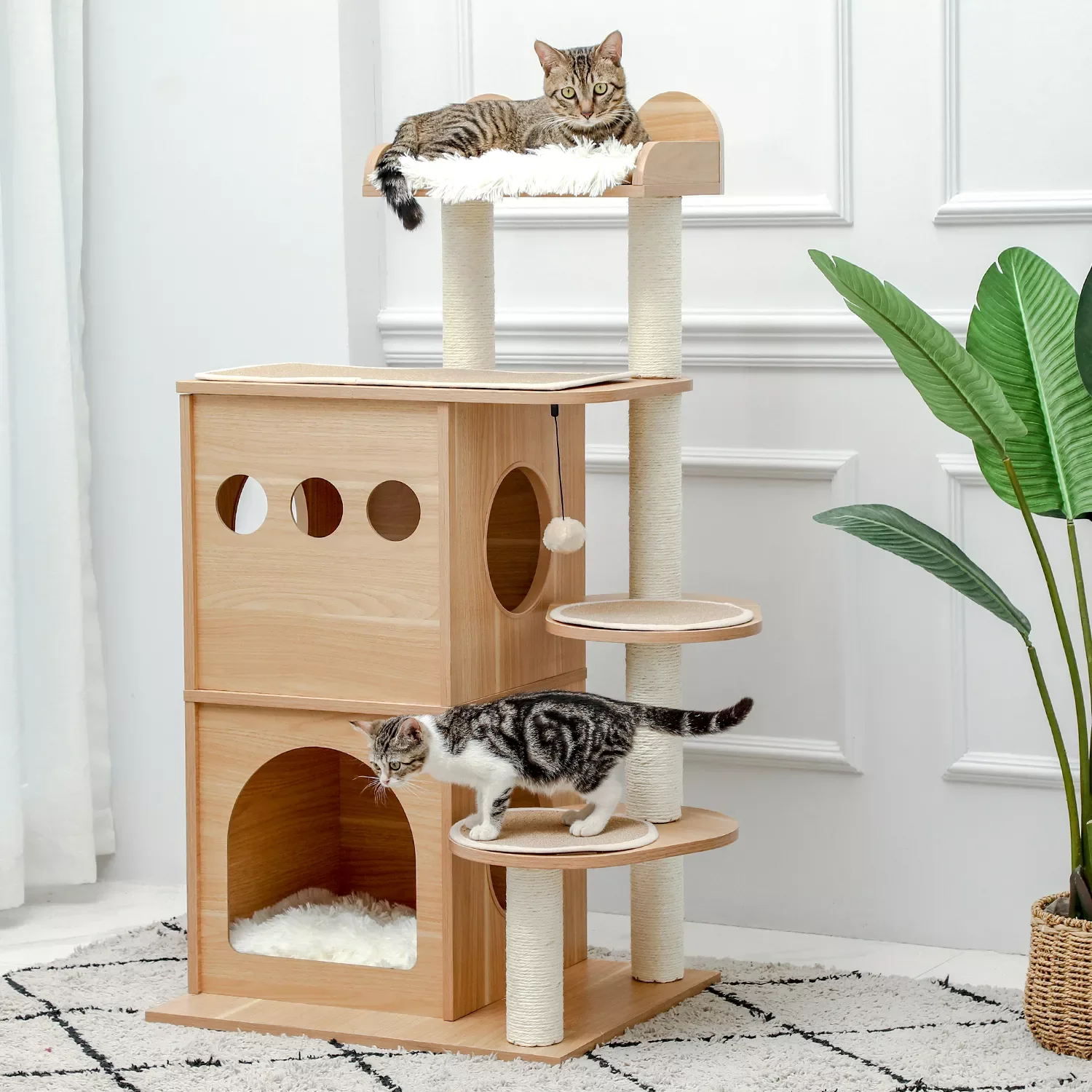 Modern Cat Tree Wooden Multi-Level Cat Scraper Tower Luxury Nest Cat Climbing Frame Cozy Condos Deeper Version Dangling Balls