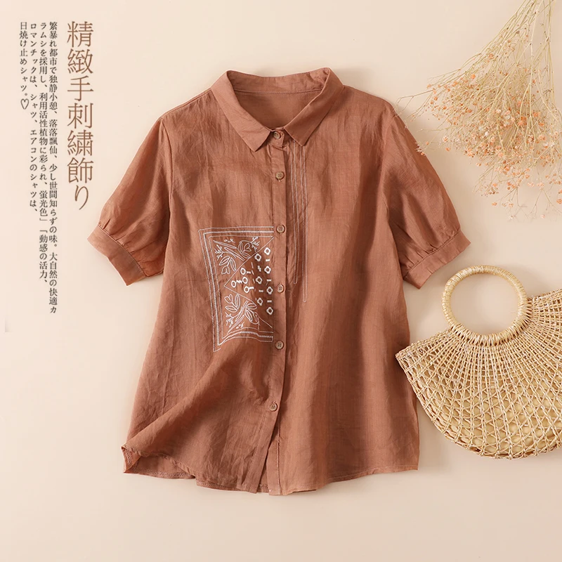 

Limiguyue хлопковая льняная Тонкая блузка с коротким рукавом летняя рубашка с вышивкой Повседневная рубашка из рами отложной воротник офисные Топы базовые U166