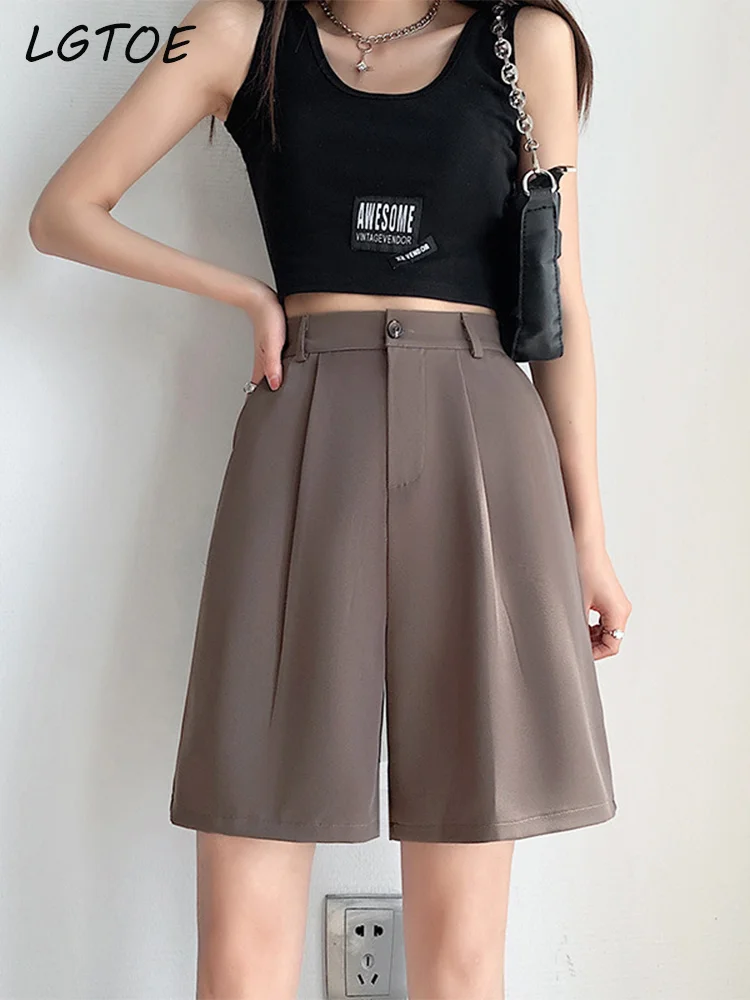 

Summer Casual High Waist Shorts for Women Button Elastic Waist Knee Length Straight Wide Leg Short Suit Pants Streetwear Trouser