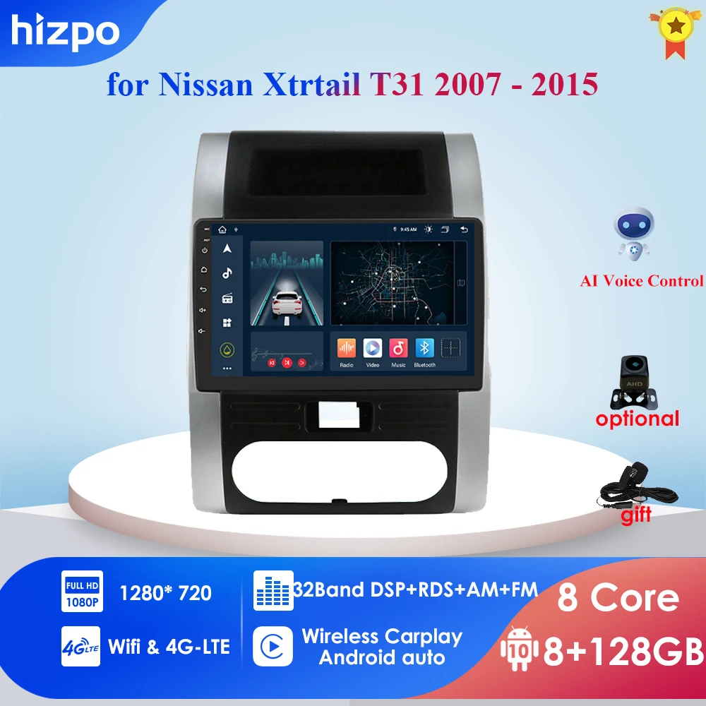 

Автомагнитола Carplay 4G-LTE, 8 + 128 ГГц, 9 дюймов, Android, мультимедийный видеоплеер, навигация GPS для Nissan X-Trail 2 T31 2007 - 2015