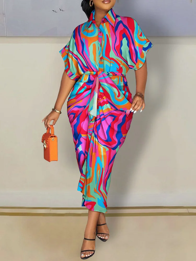 

Abstract Print Buttoned Ruched Women Casual Shirt Dress