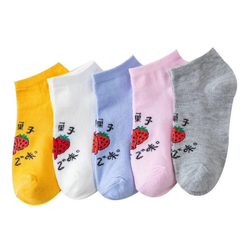 

5 Pairs Fashion New Fruit Print Socks Women Soft Kawaii Pure Cotton Cute Short Summer Asakuchi Ankle Socks Set Japanese Style