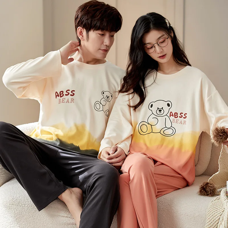 New spring and autumn couple pajamas women's long-sleeved men's loose cotton homewear suit oversized