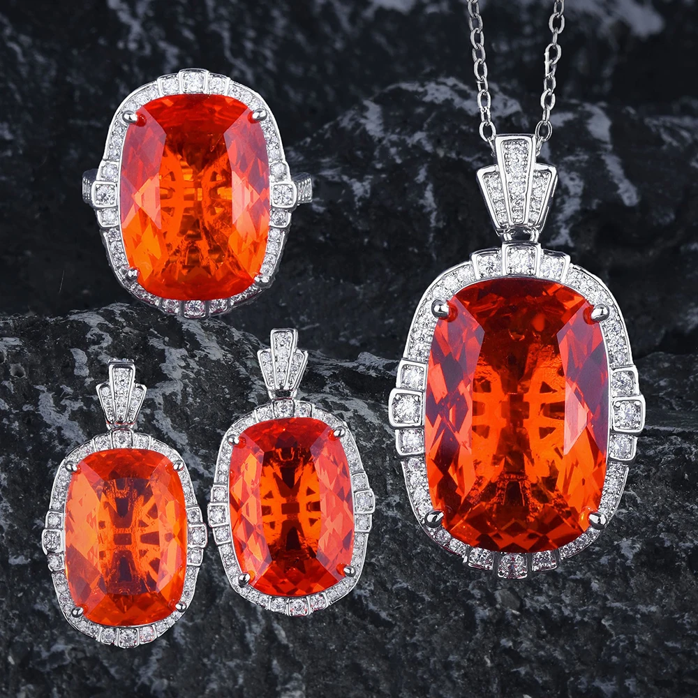

WPB оригинальный дизайн ювелирный набор для женщин прямоугольник оранжевый бриллиант Ожерелье Серьги Кольца для женщин Блестящий Циркон Роскошные ювелирные изделия для девушек