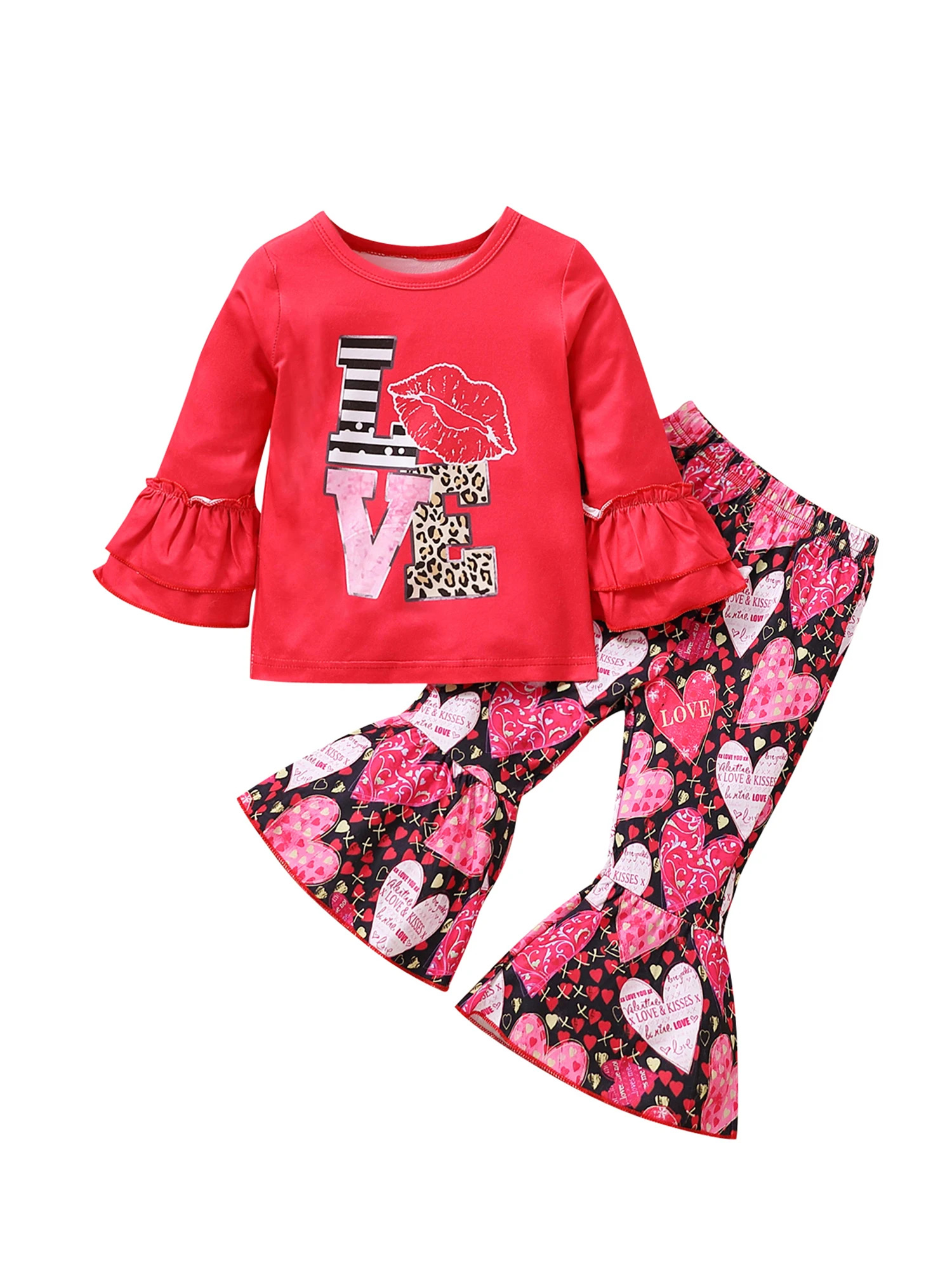 

Комплект одежды для маленьких девочек на День святого Валентина, пуловер с оборками и длинным рукавом, круглым вырезом и буквенным принтом, ...