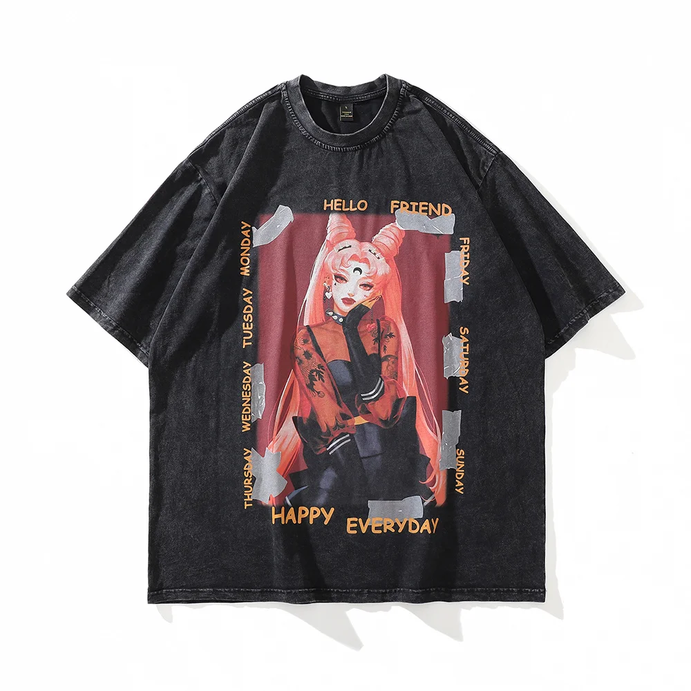 

Anime Print Cartoon Vintage Washed Graphic T Shirts Retro Oversized Men Harajuku Tshirt Hip Hop Streetwear Grunge Y2k Women Tops