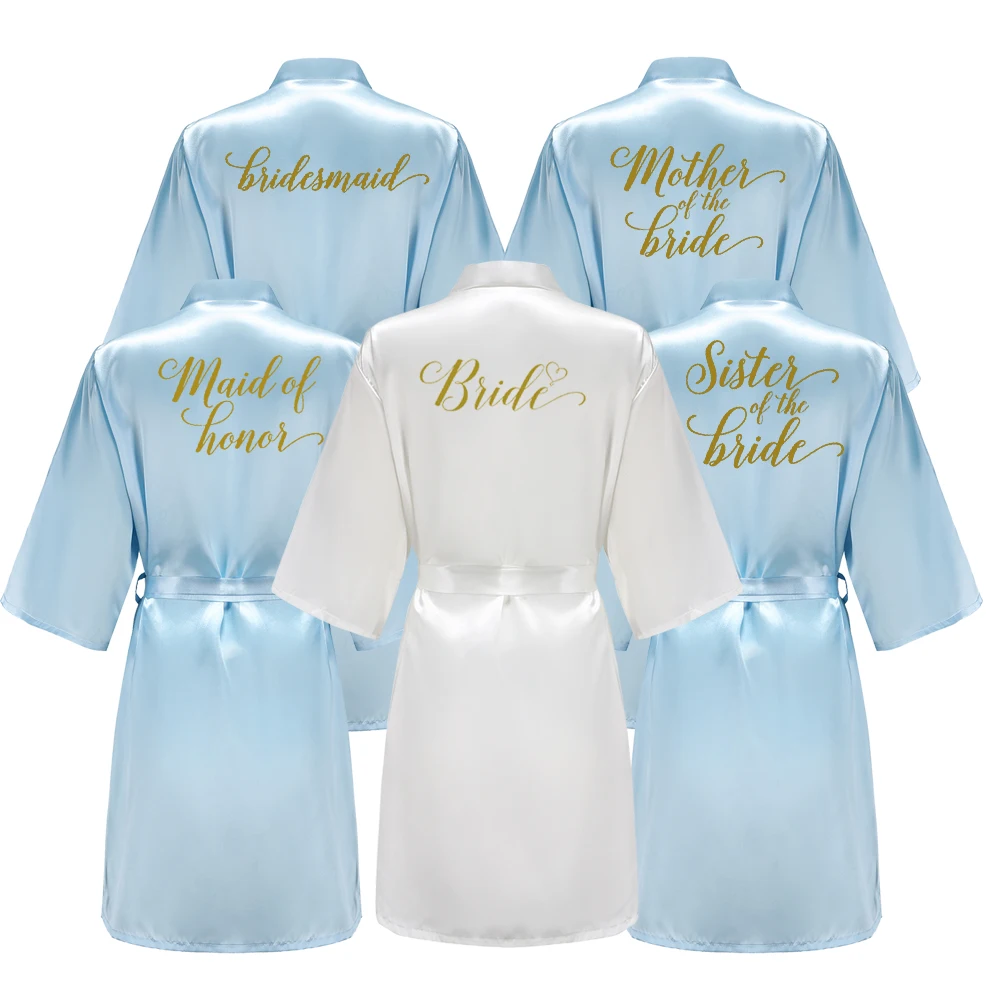 Халат-кимоно атласный для невесты и подружки с золотыми буквами