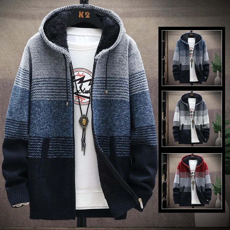 2022 Autumn/Winter Men's Casual Cardigan Zip-up Sweater and Fleece Anorak Men's Knit Hooded Coat Sweater for Men