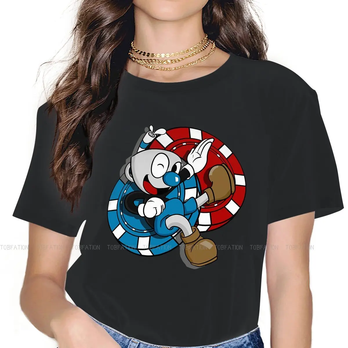 

Winking Fanart Women's T Shirt Cuphead Ms Chalice Game Ladies Tees Harajuku Cotton Tops Graphic Tshirt 4XL Loose Hipster