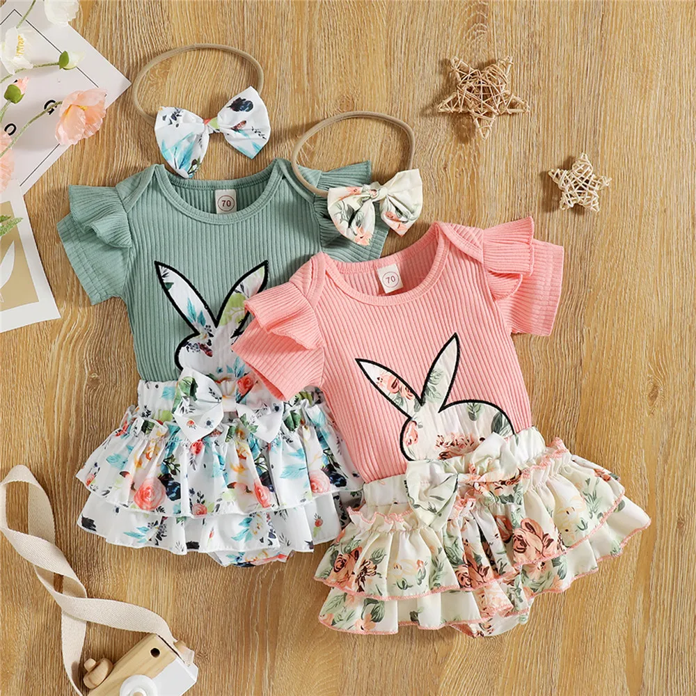 

Baby Girl Easter Clothes Set Rabbit Bodysuit Romper Bow Ruffle Shorts Headband Newborn Infant Toddler Festival Outfits 2022 New