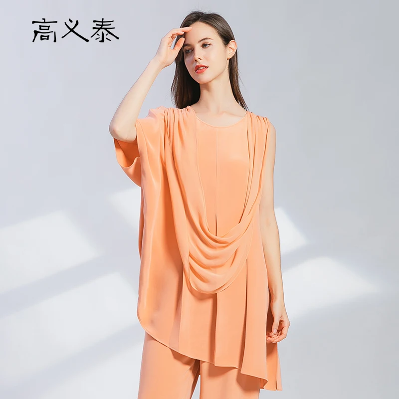 

High End 30m/m Heavy Silk Unilateral Bat Sleeves Asymmetrical Georgette Stitching Organ Pleats Round Neck Feminine T-shirt BY130