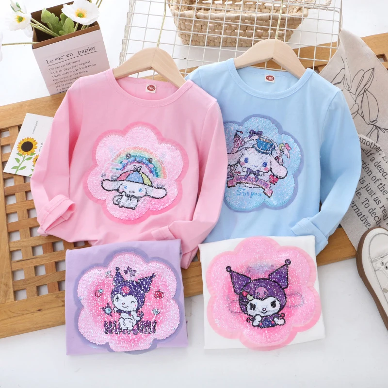 

Детский пуловер в стиле аниме Sanrio Kuromi Cinnamoroll, Милый Забавный хлопковый креативный осенний теплый мягкий подарок для девочек на день рождения с блестками