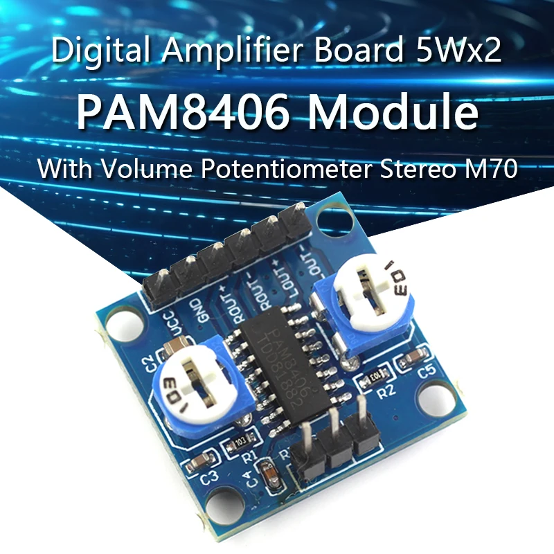 

Плата цифрового усилителя PAM8406 с потенциометром громкости 5Wx2 Stereo M70