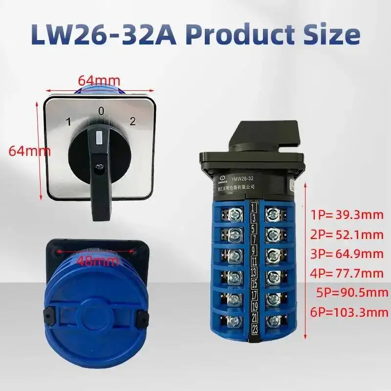Фото LW26-32A Поворотный переключатель с кулачком, 1-8 полюсов, два/трехпозиции, ВКЛ. ВЫКЛ. Серебряный контакт, двойное управление питанием №3