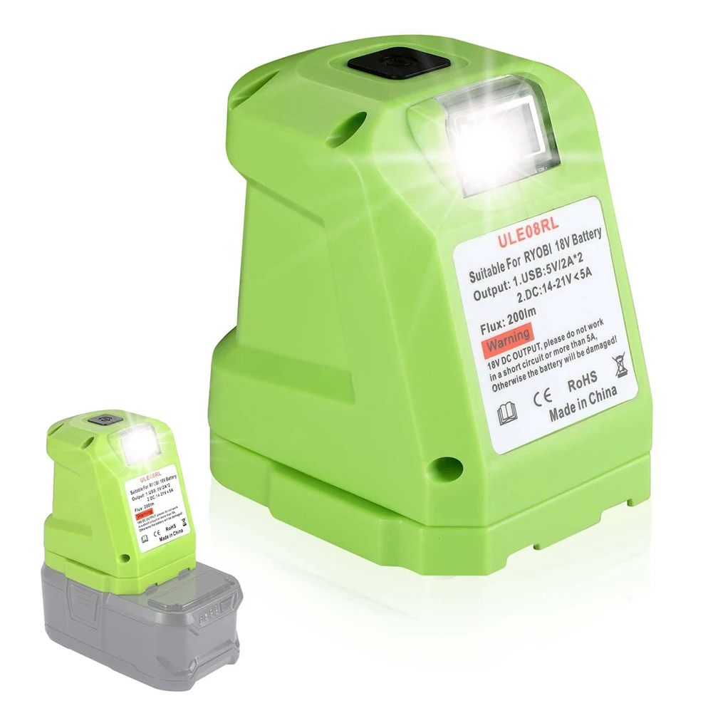 

LED Work Light For RYOBI 14.4V-18V Li-ion Battery USB+Type-C Adapter Spotlight Dual USB Green DIY Battery Adapter DC14.4-18V