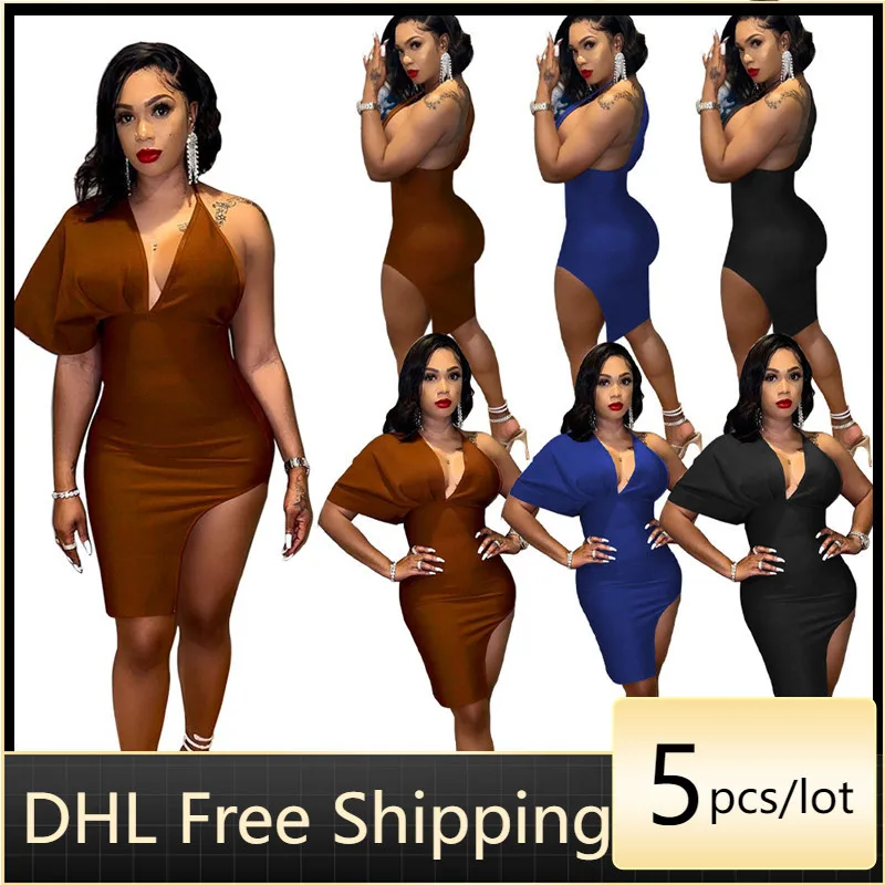 

Summer Women Dress Wholesale Backless One-Shoulder V-Neck Sheath Dress with Slit Sexy Solid Part Wear Skirt 7150