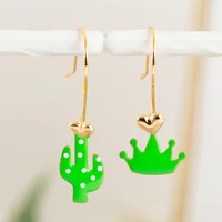 simple copper gold plated green red enamel asymmetrical cactus and crown earrings fashion girls hanging pendant drop earrings
