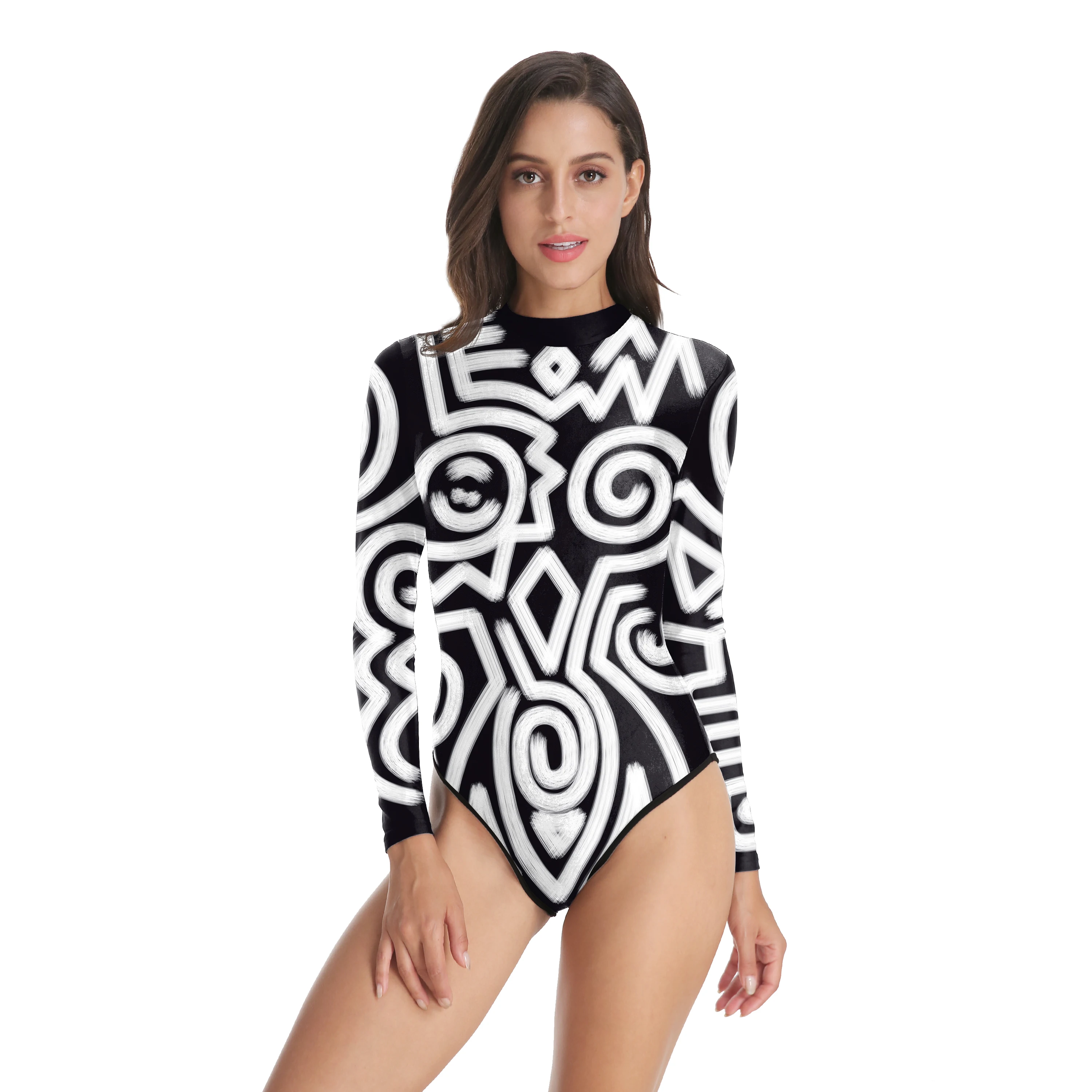 

Geometry Animal Print Elasticity Bodysuit Push Up Slim Sexy Corset Brazilian Suit Summer Long Sleeves Cosplay Costume Women