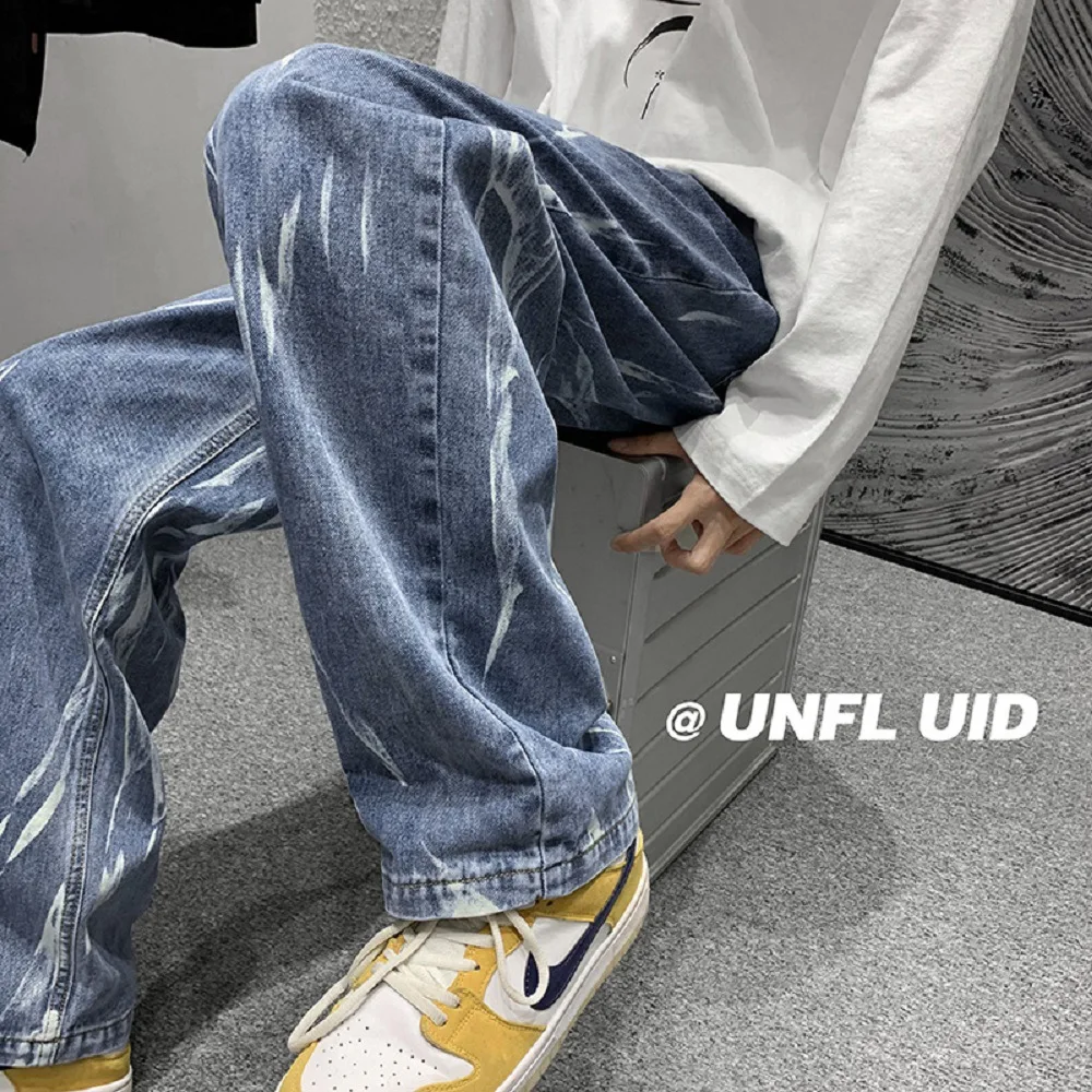 ICCLEK Retro Washed Jeans Autumn Men's Jeans Fashion Wide-leg Pants Loose Straight-leg Pants Patchwork Jeans