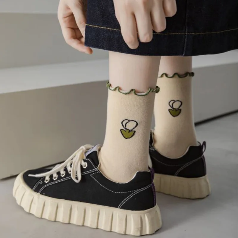 5 Pair Animal Print Cartoon Embroidery Socks Women Winter Long Cute Socks Flowers Korean Style Unisex Kawaii Cotton Woman Socks