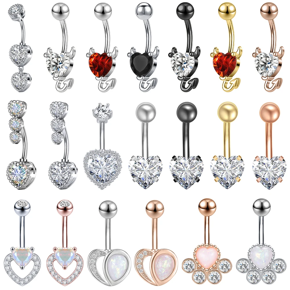 

ZS 14G Devil Heart Belly Piercing Beach Body Piercing Jewelry Stainless Steel Heart Navel Ring Zircon Heart Belly Bar Piercings