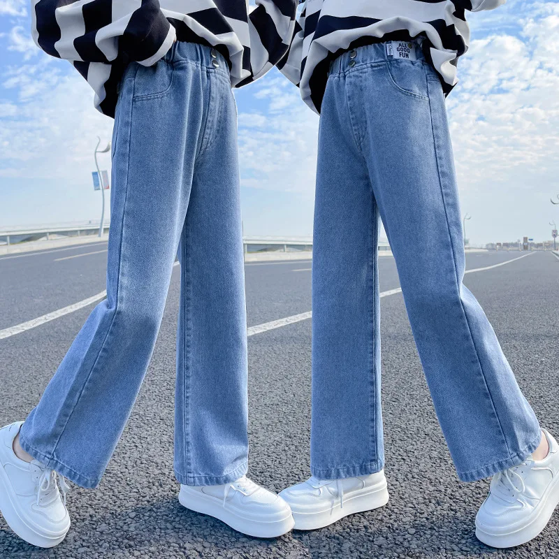 

Джинсы с широкими штанинами для девочек, винтажные брюки из денима с завышенной талией, свободные прямые штаны в стиле пэчворк