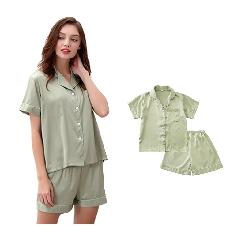 Short Sleeve with Shorts Women Summer Sleepwear Satin Silk Pajamas Set