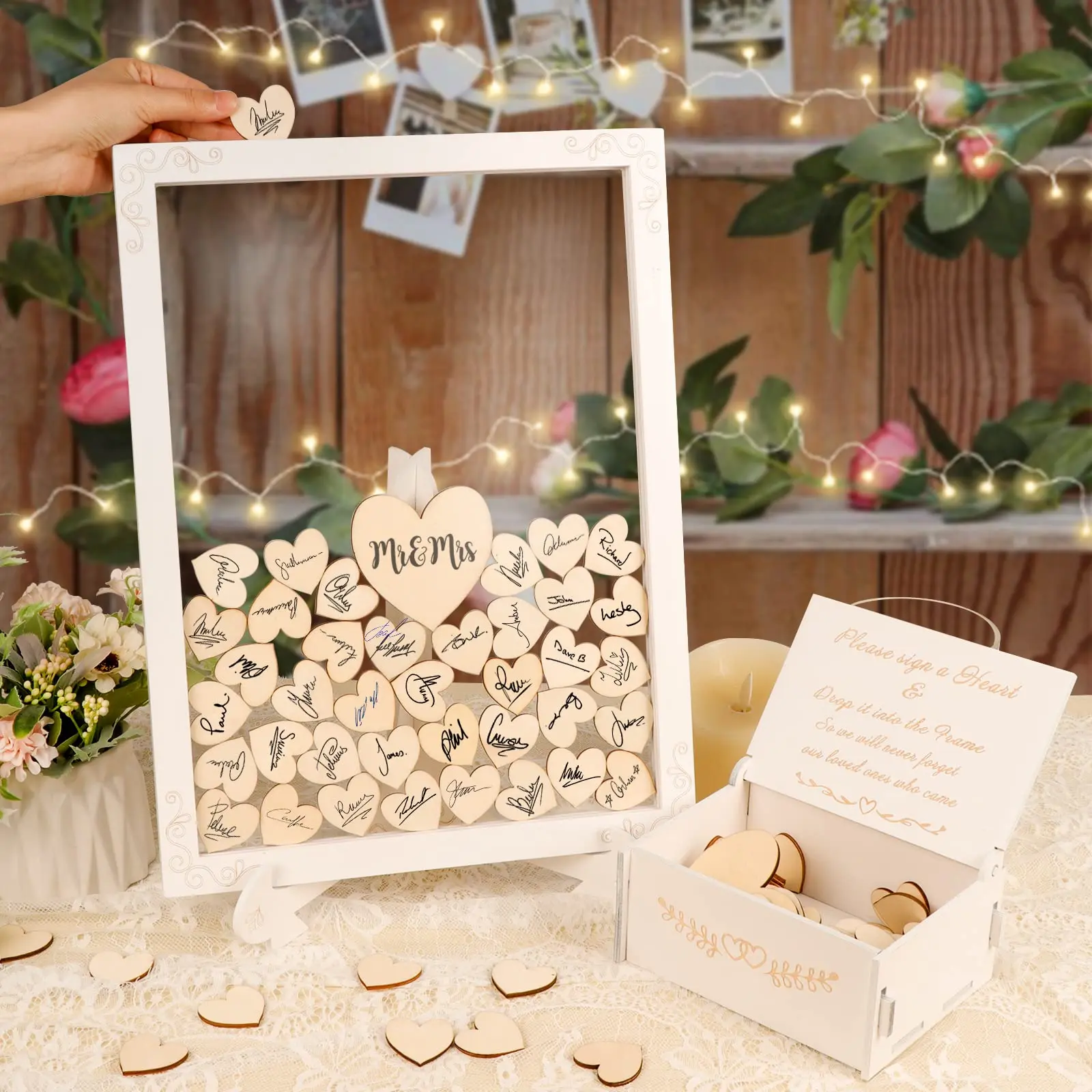 

Ourwarm Wedding Decoration Guest Book For Guest Sign White Wooden Guest Book Box With 71 Wood Heart For Anniversary Wedding Gift