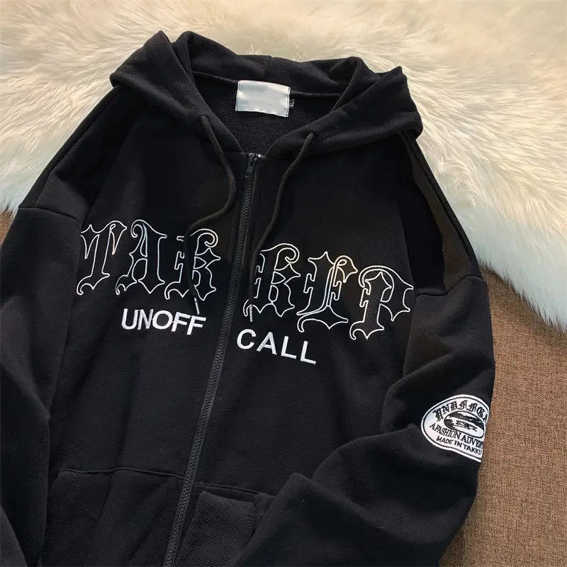 

Letter Embroidery Hoodies Women Vintage Zip Up Oversized Hooded Sweatshirts Harajuku Long Sleeve Streetwear Hoodie Jackets Coats