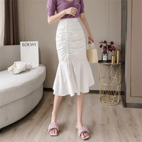 fishtail midi skirts womens 2021 autumn irregular elastic drawstring long skirts female office black white lady streetwear